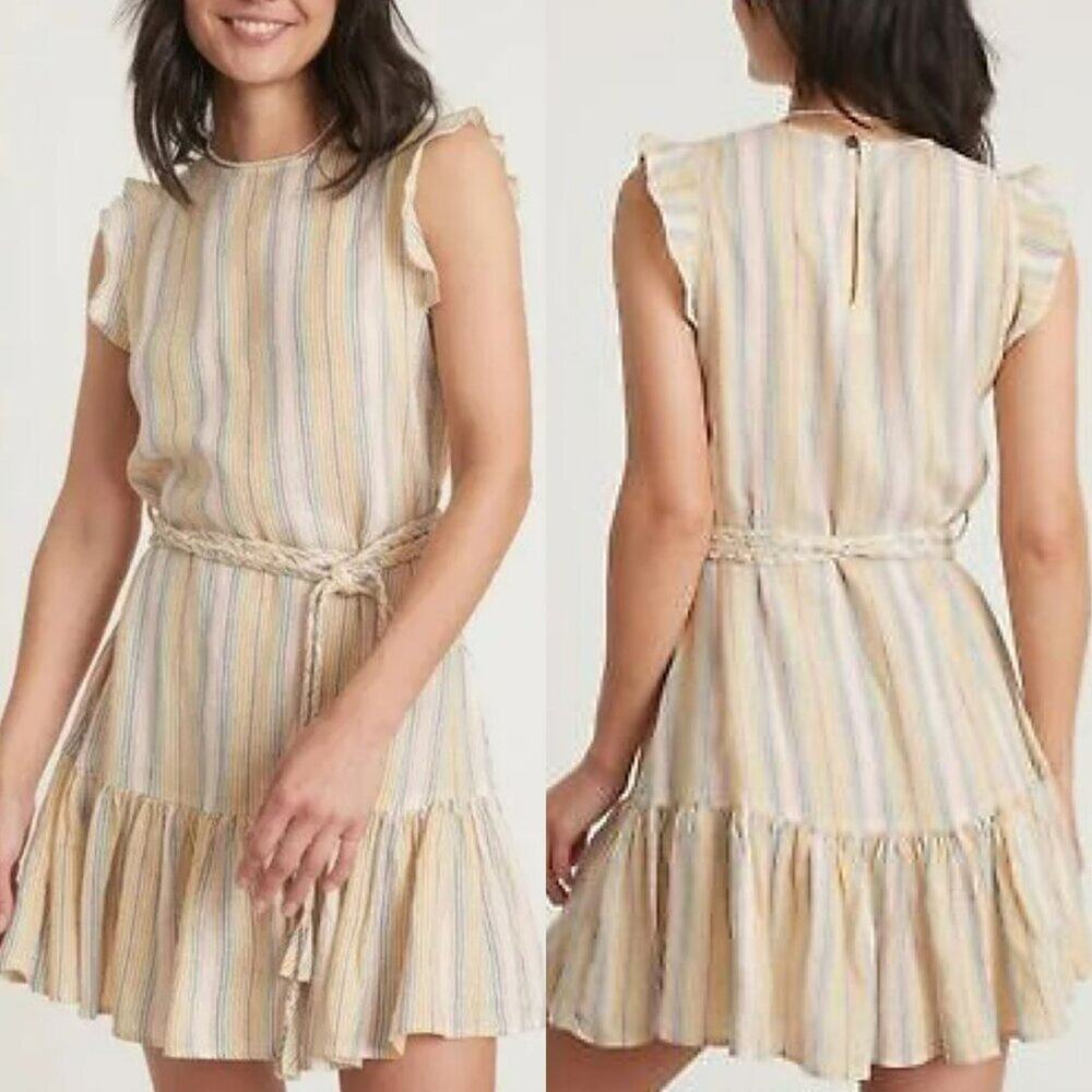 Marine Layer Laney Mini Dress Beachy Stripe XL Linen‎ Blend Tiered Flowy Belted